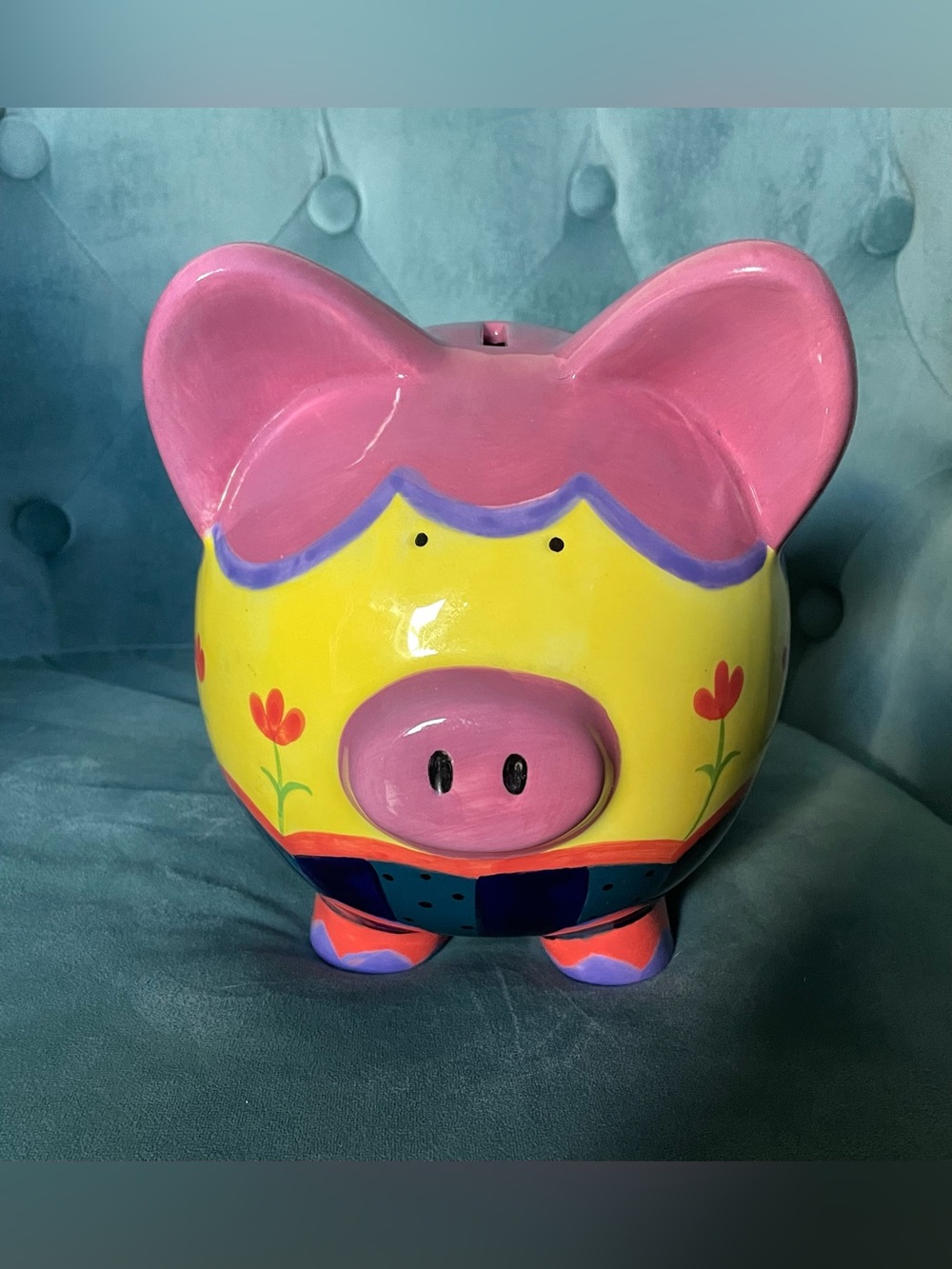 Piggy Bank, ceramic, super cute! Approx 8” long, 7” tall, and 6”wide.